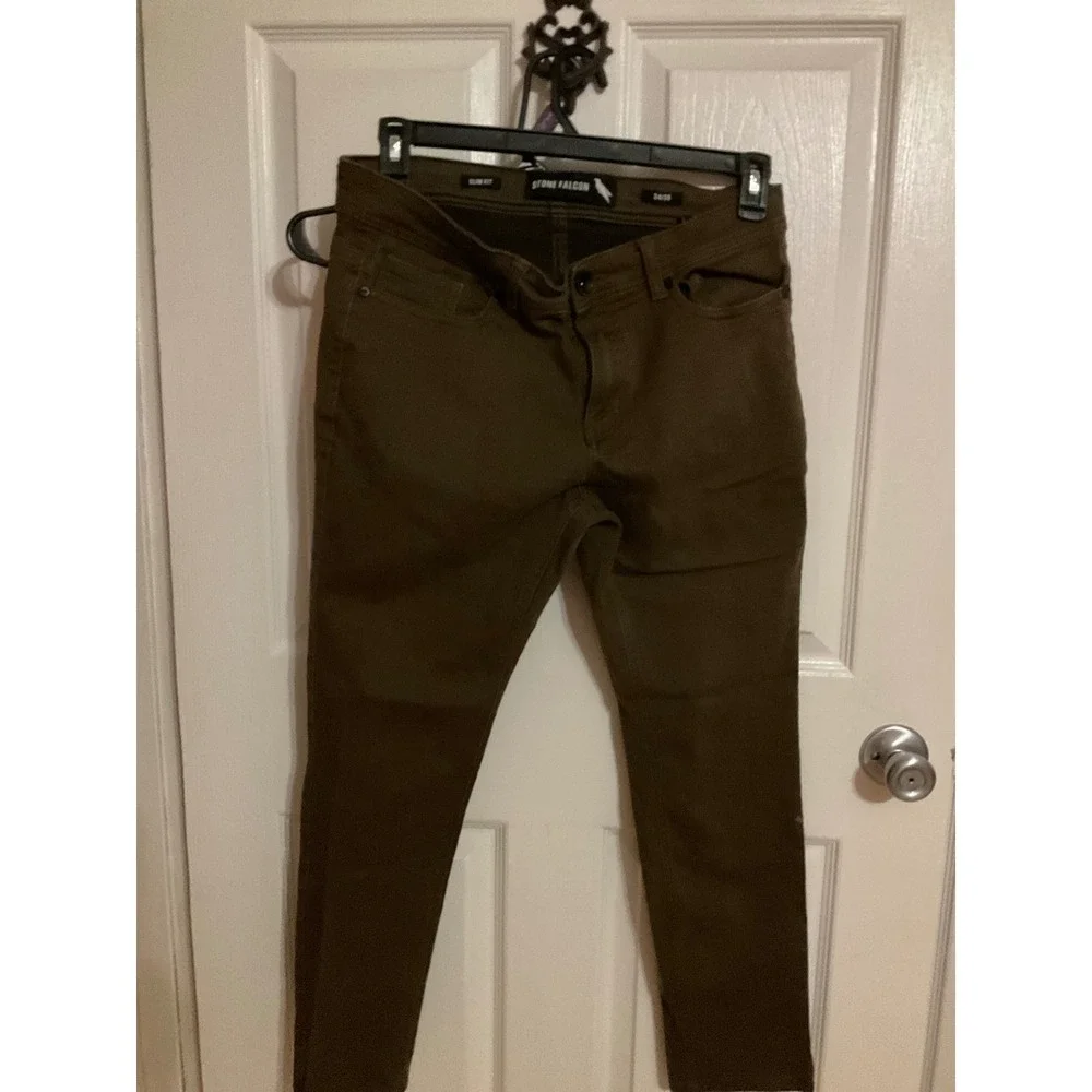 Stone Falcon Mens Slim Fit Olive Green Pants 34x30 Casual Five Pocket Trousers